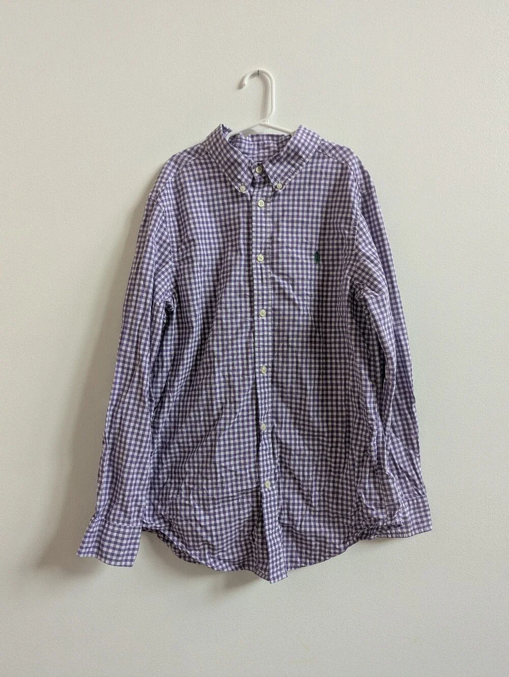 Vtg Ralph Lauren Button Down Shirt 14-16 Boys Purple Gingham Long Sleeve